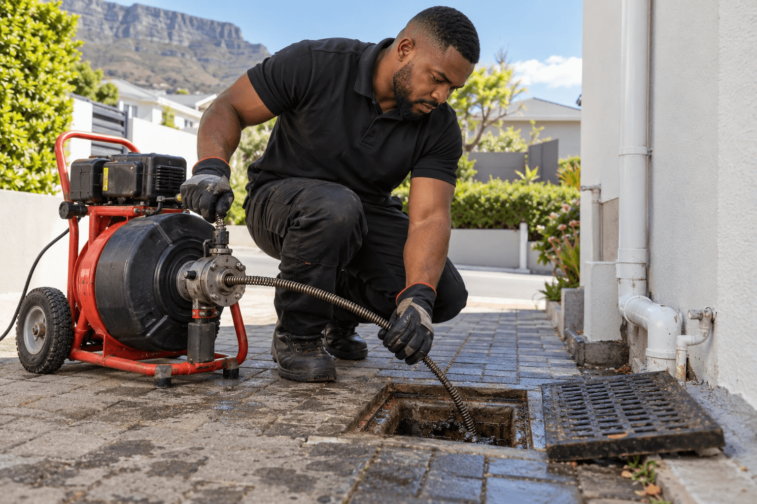 Plumber clearing an outside drain with a drain machine