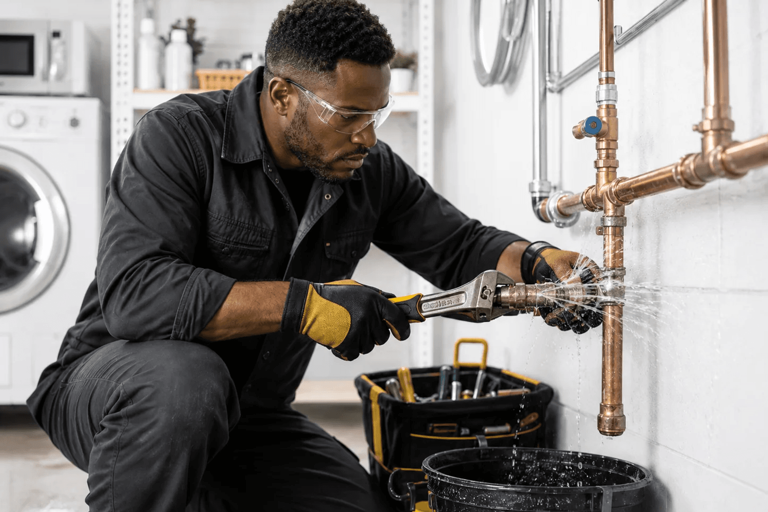 Plumber repairing a burst pipe