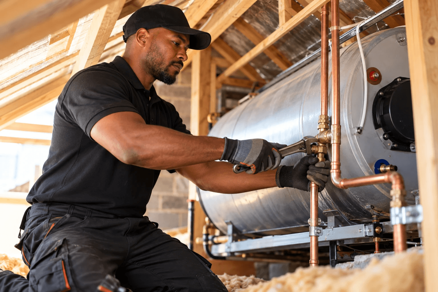 Plumber connecting a geyser in a roof space