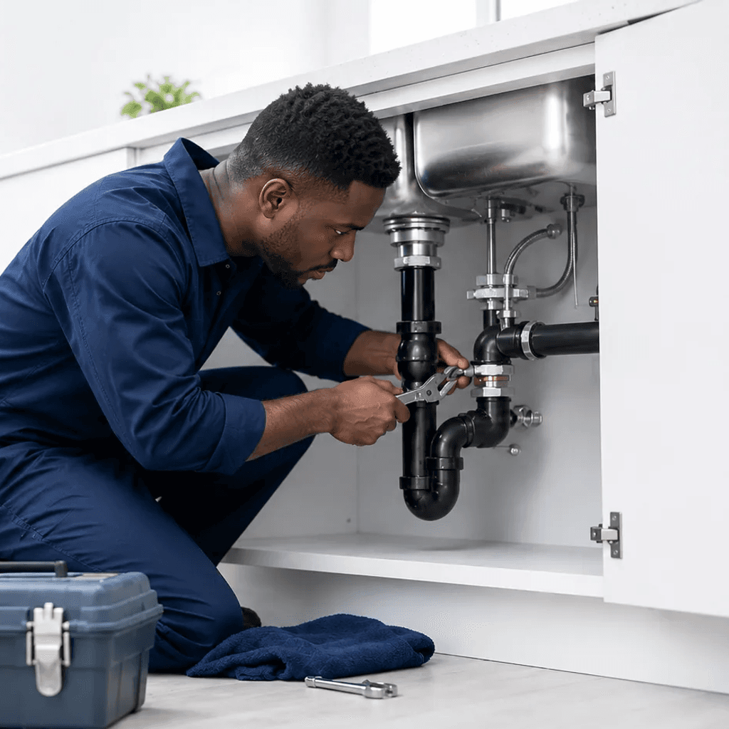 Plumber working on the pipes under a sink
