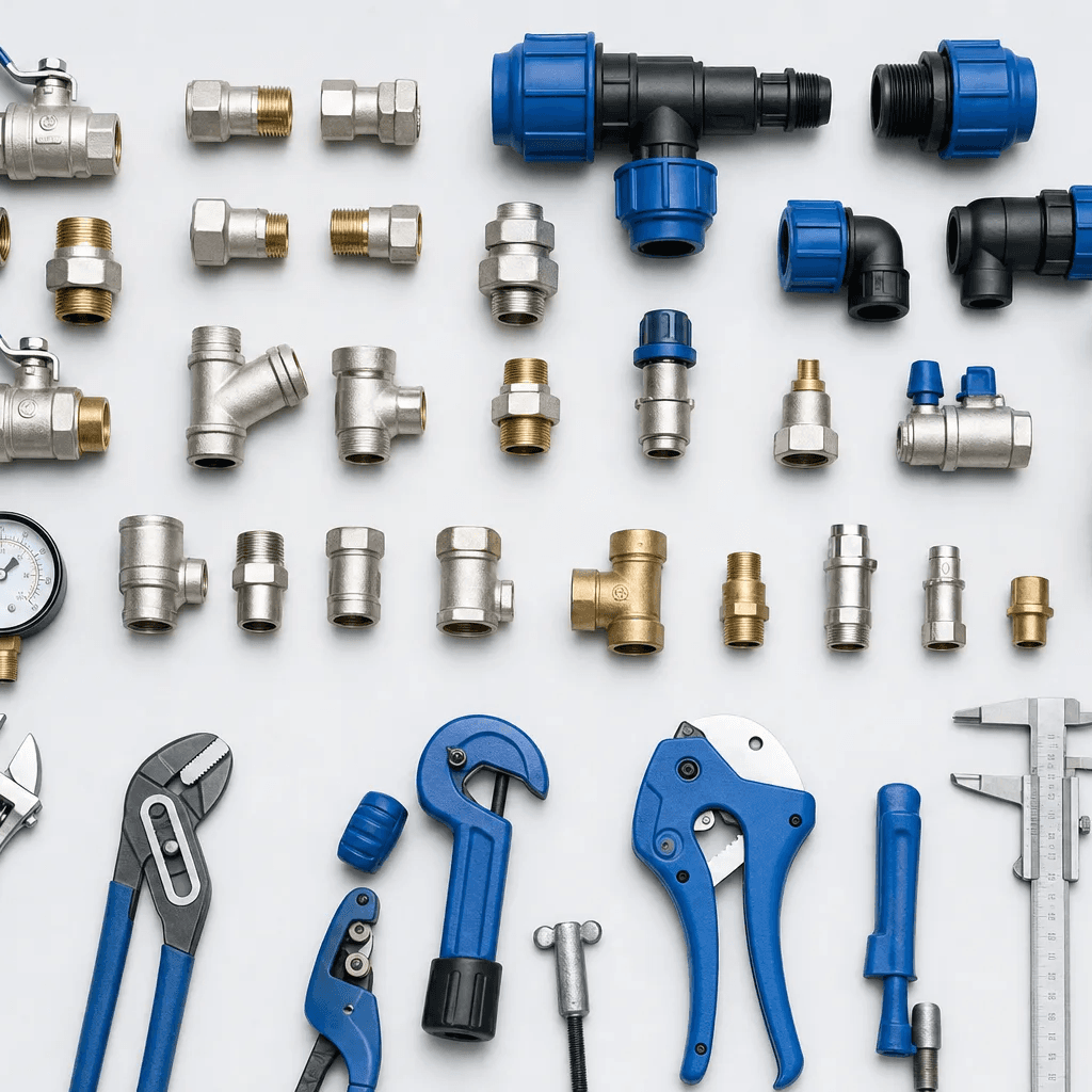 Valves, pipe fittings and plumbing tools laid out