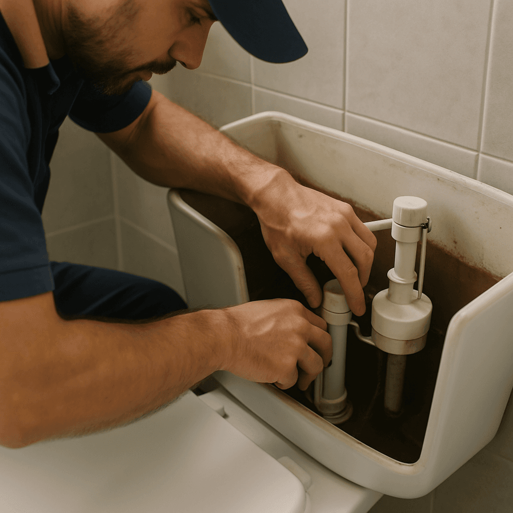 Plumber repairing a toilet cistern