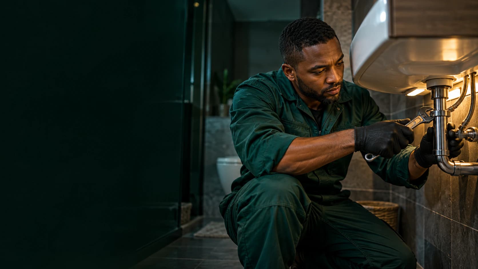 Plumber repairing the waste pipe under a kitchen sink